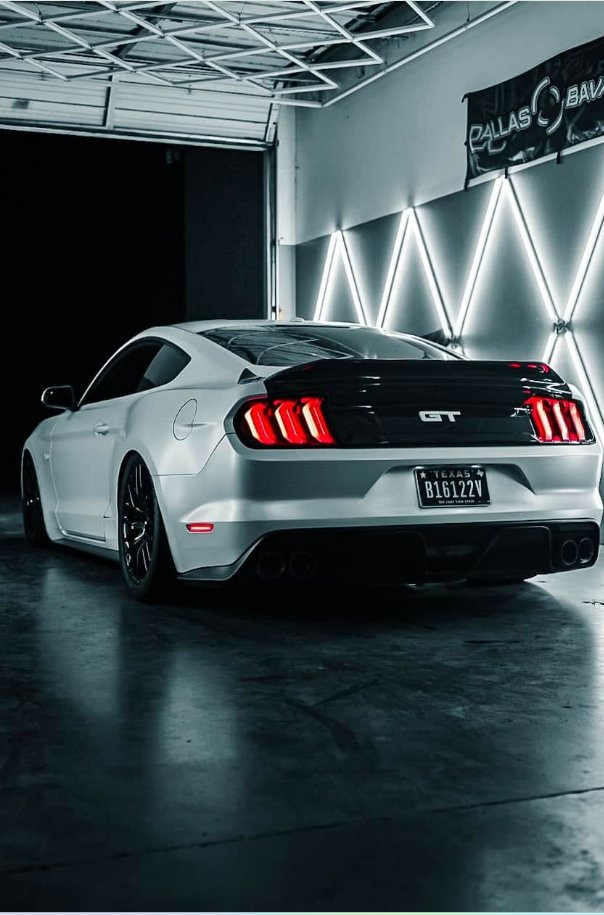 Satin white Mustang GT wrap with hex lighting